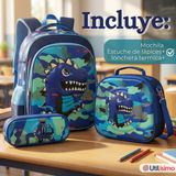 Mochila Escolar + Estuche + Lonchera 40cm Tela Oxford Azul Dinosaurio 3D Niño