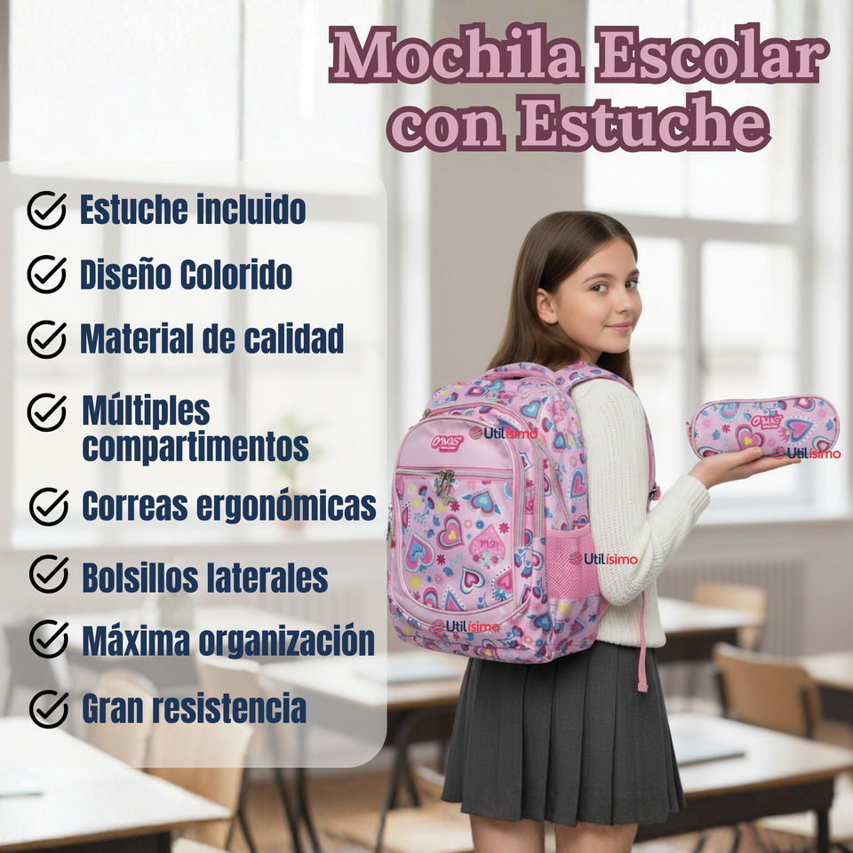 Mochila Escolar Con Estuche 43cm Tela Oxford Impermeable Niña