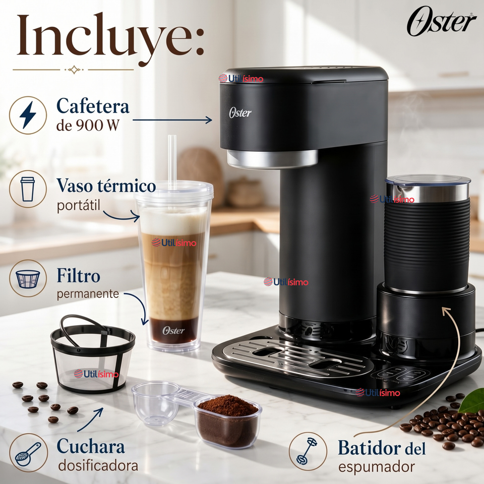 Cafetera Latte 4 en 1 Oster® Con Espumador Café Caliente Latte Helado Frappé BVSTDC02B