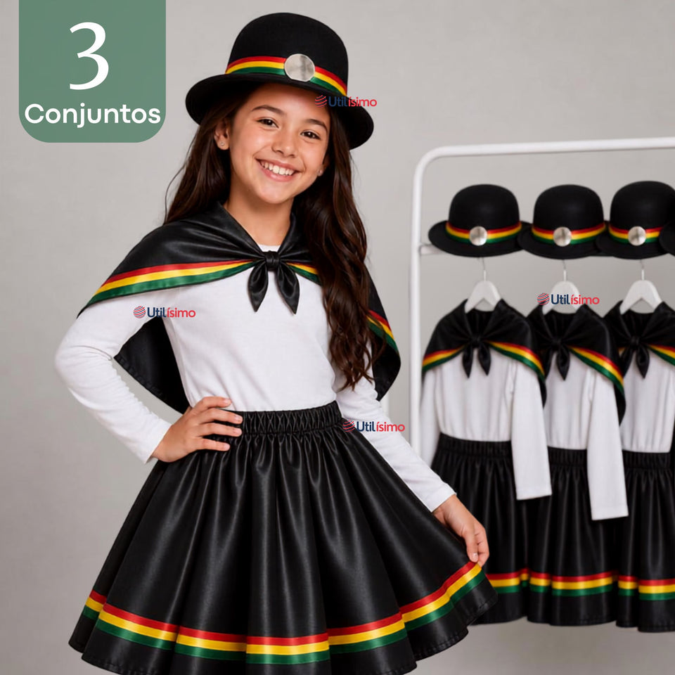 Pack 3 Trajes Nortinos Niña Negro 4 Piezas Con Poleras Baile Típico Fiestas Patrias