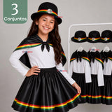 Pack 3 Trajes Nortinos Niña Negro 4 Piezas Con Poleras Baile Típico Fiestas Patrias