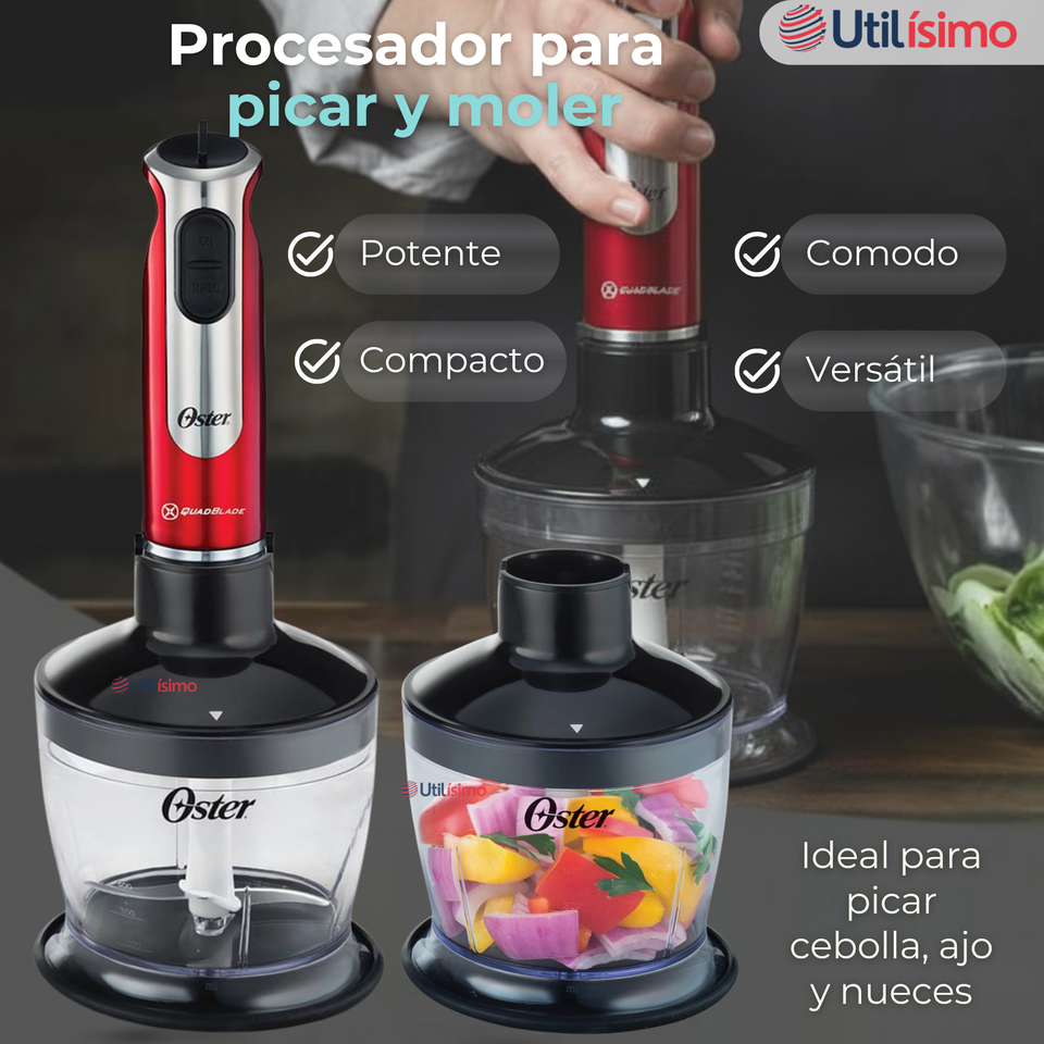 Batidora de inmersión Oster® roja con organizador y accesorios