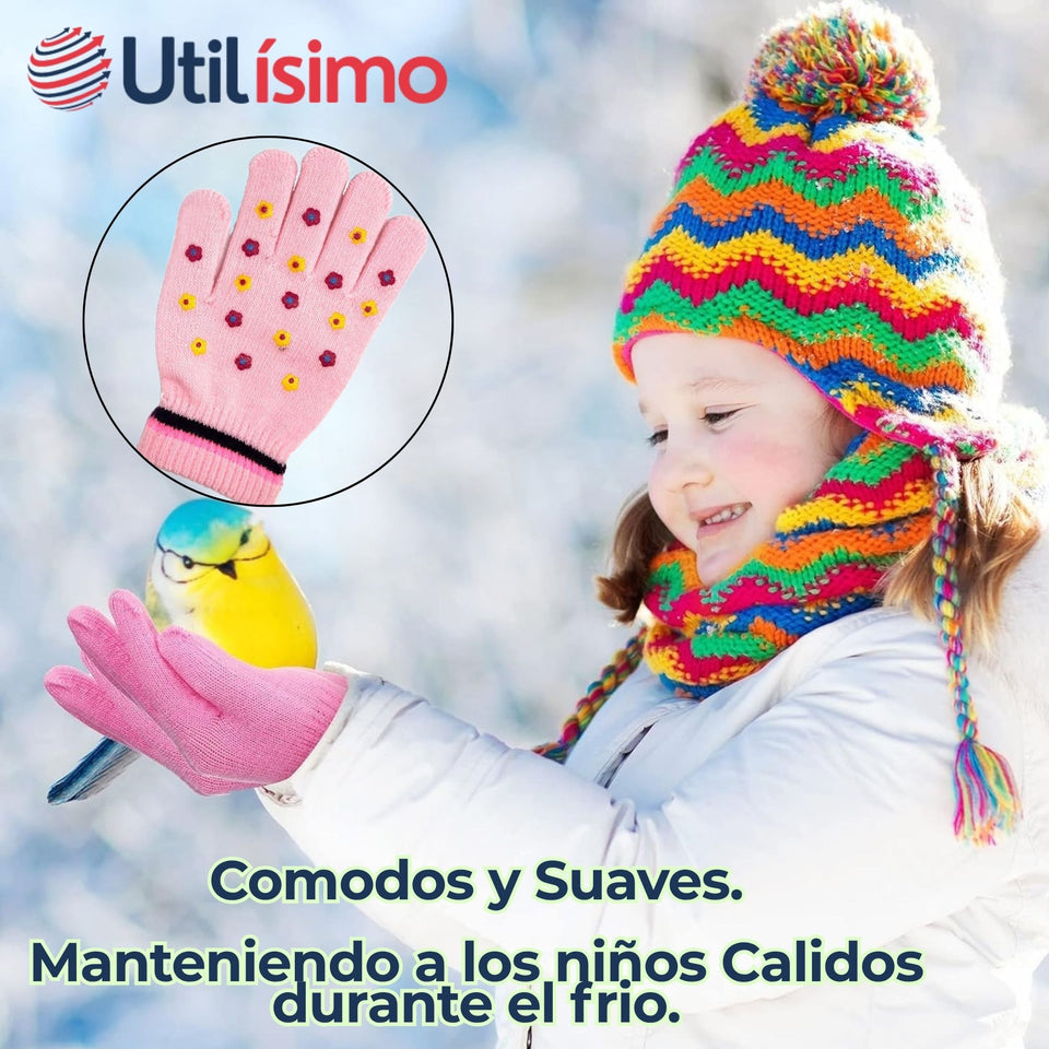 Guantes 14cm Lana Acrílica Niña Estampado Flores Colores Surtidos