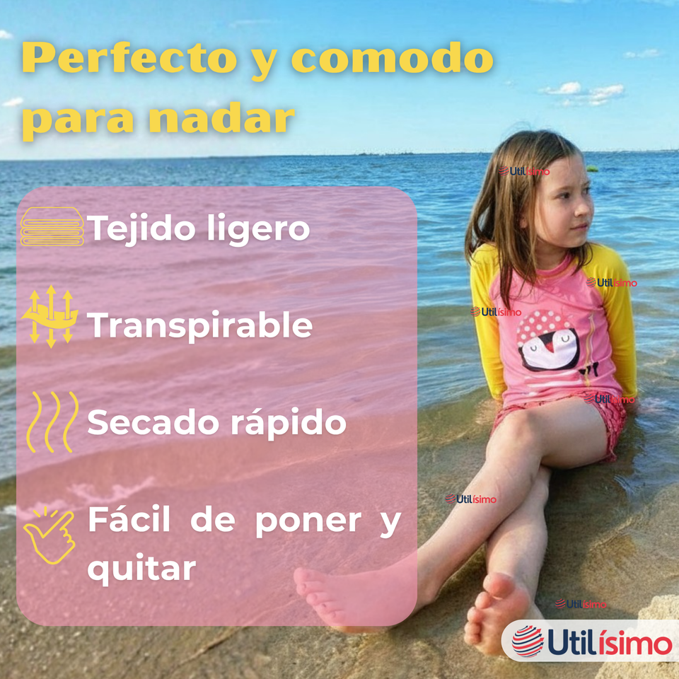 Traje De Baño Manga Larga y Pantalón Corto 2 Piezas Niña de 3 a 9 Años Pink Penguin