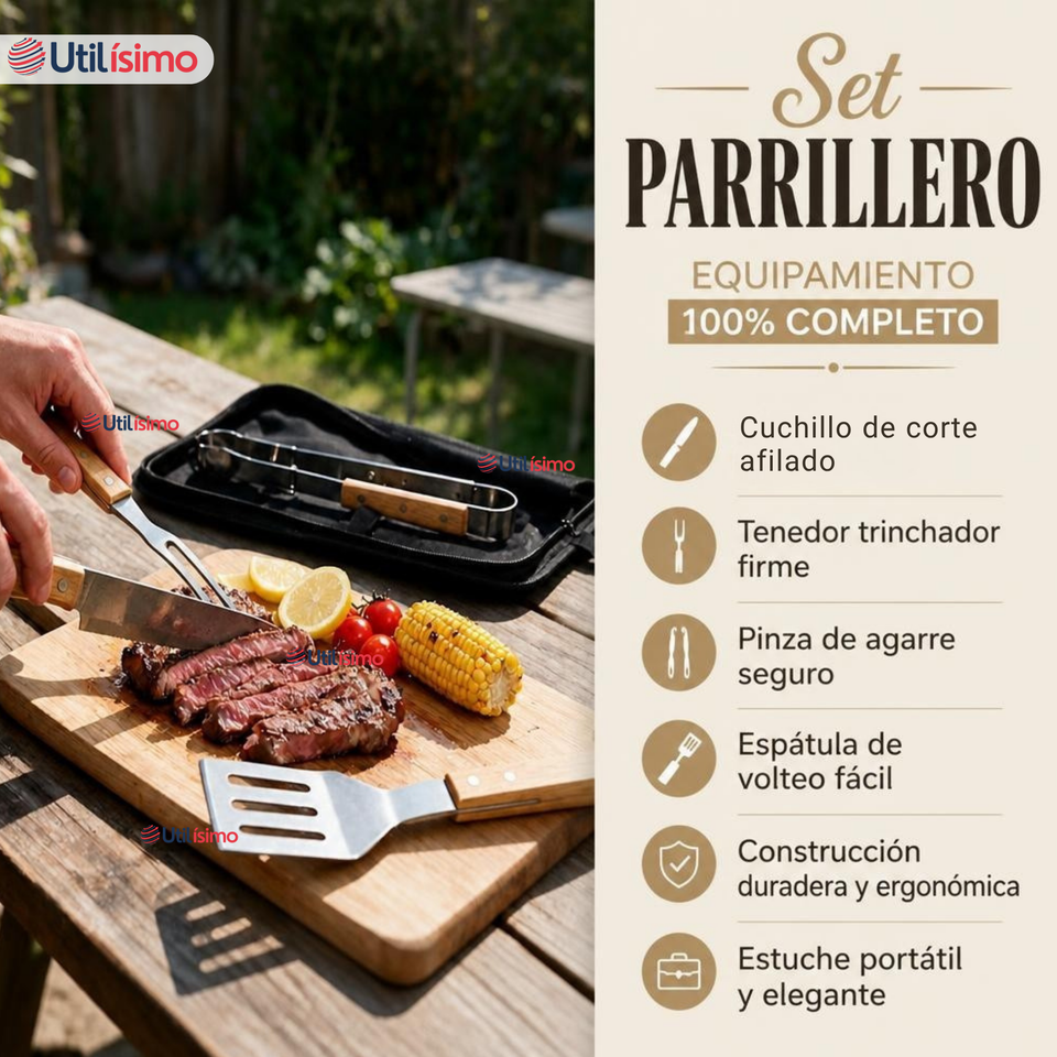 Set Parrilero 4 Piezas Acero Inoxidable Con Estuche Asado Barbacoa Fiestas Patrias