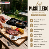 Set Parrilero 4 Piezas Acero Inoxidable Con Estuche Asado Barbacoa Fiestas Patrias