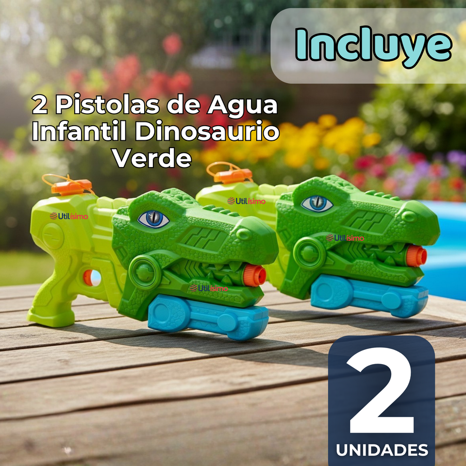 Pack 2 Pistolas Lanza Agua Dinosaurio Color Verde Juguete 30cm Niño