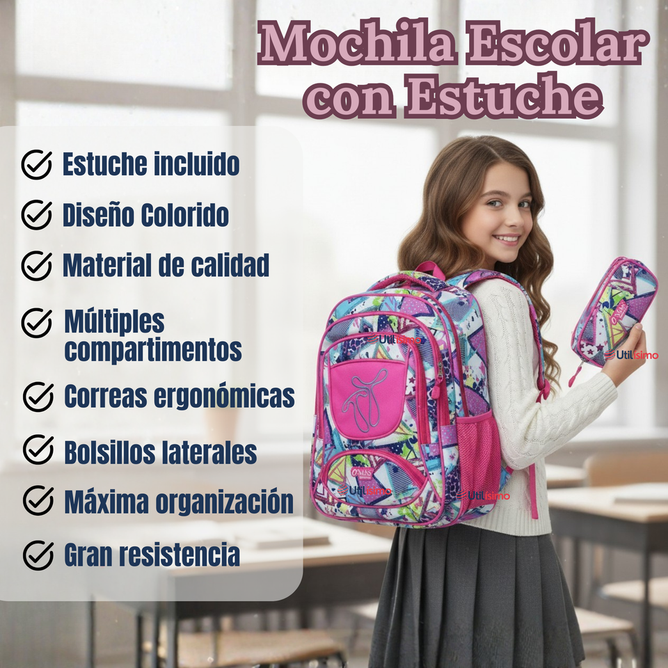 Mochila Escolar Con Estuche 43cm Tela Oxford Impermeable Niña