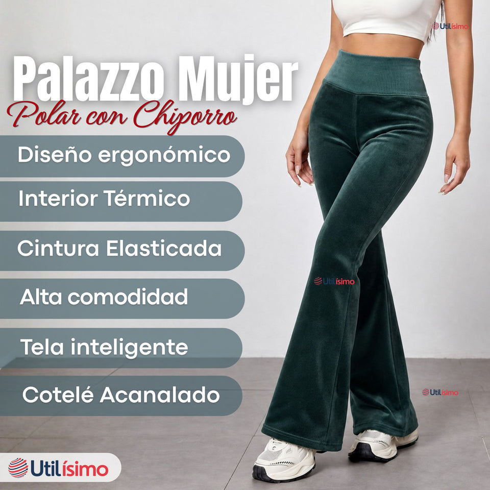 Pantalón Cotelé Palazzo Polar Con Chiporro Elasticado Térmico Verde Oscuro