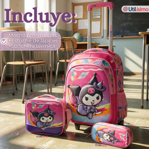 Mochila Escolar Kuromi 3D Con Ruedas Desmontable + Estuche + Lonchera Poliéster Rosa Niña