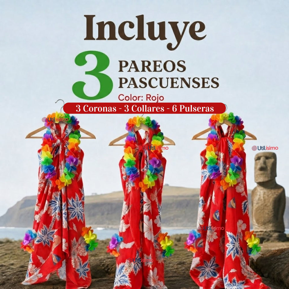 Pack 3 Trajes Páscuense Pareo Hawaiano Rojo Niña Con Accesorios