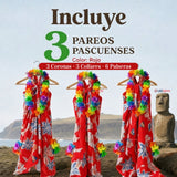 Pack 3 Trajes Páscuense Pareo Hawaiano Rojo Niña Con Accesorios