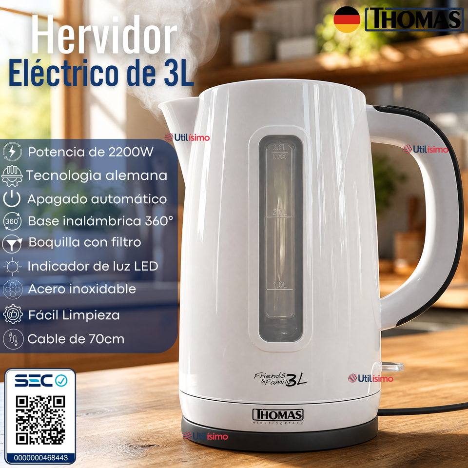 Hervidor Eléctrico Thomas 3lt Alta Potencia Tecnologia Alemana Blanco