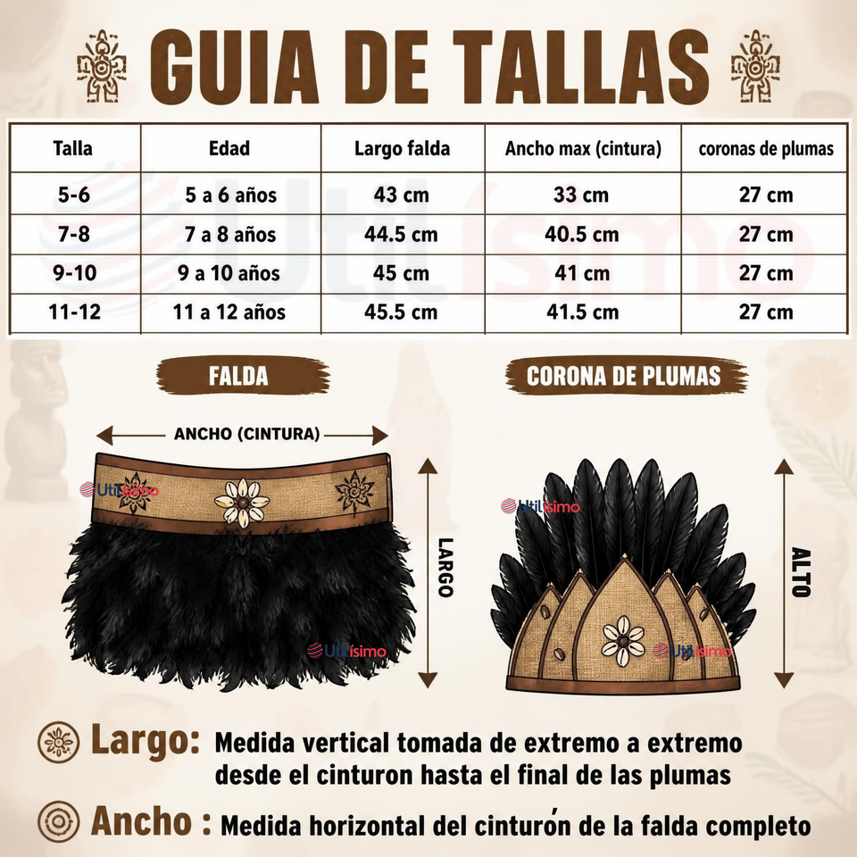 Traje Pascuense Típico Negro Con Plumas 3 Piezas Niña Rapa Nui Fiestas Patrias