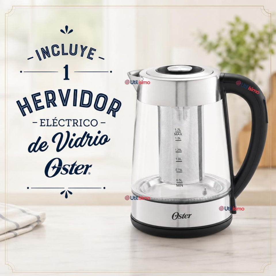 Hervidor eléctrico de vidrio Oster con Selector de temperatura e infusor de té BVSTKT8990