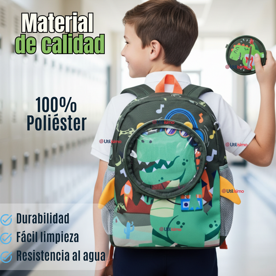 Mochila Escolar Con Estuche 33cm Poliéster Impermeable Dinosaurio Niño