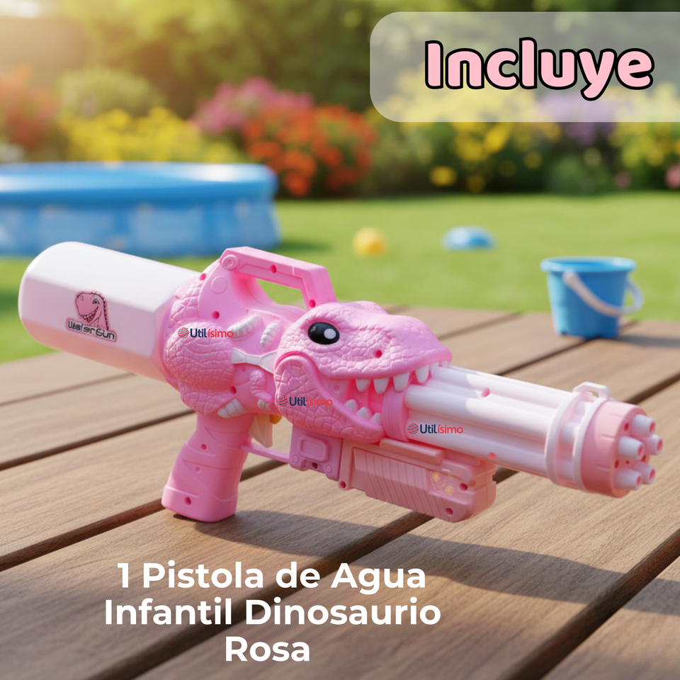 Pistola Lanza Agua Dinosaurio Color Rosado Juguete 40cm Niña