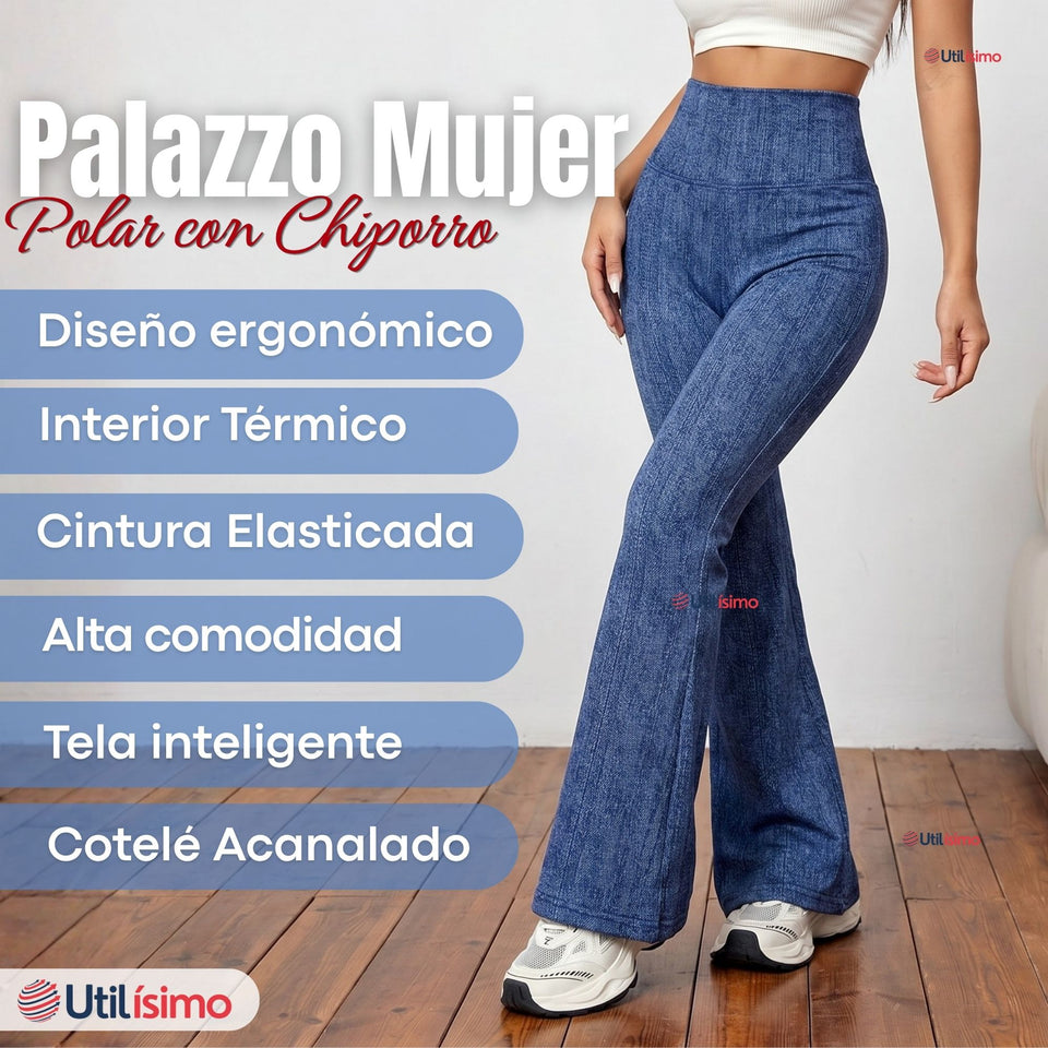 Calza Polar Con Chiporro Palazzo Mujer Elasticada Térmica Azul Jeans
