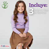 Pack 3 Poleras Camisetas Bambú Lilas Cuello Beatle Primera Capa  Manga Larga Niña