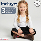 Pack 3 Camisetas Poleras Algodón Cuello Redondo Blanca Primera Capa Manga Larga Niña