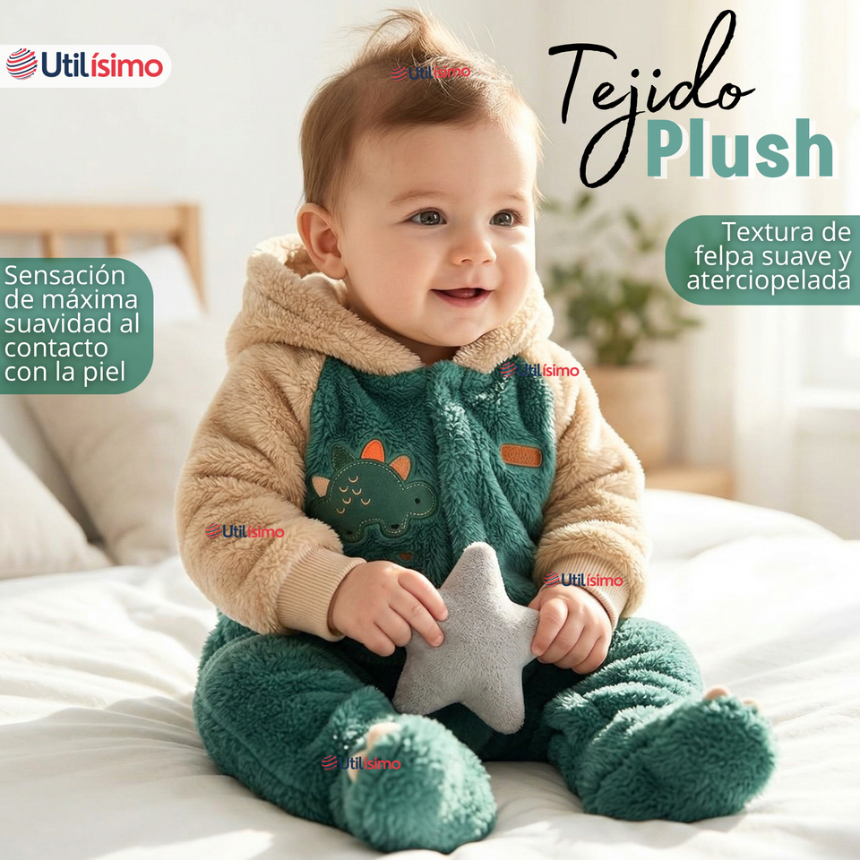 Enterito Con Capucha Tela Plush Verde Dinosaurio Bebé Niño