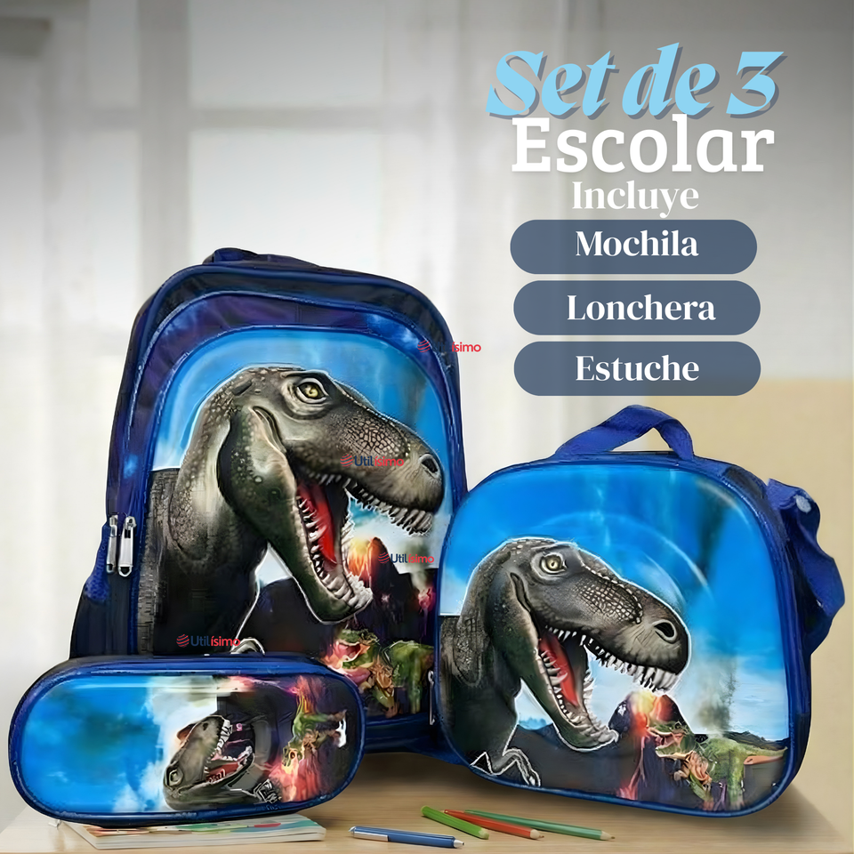 Mochila Escolar Bolso Con Efecto 3D Estuche + Lonchera 40Cm Tela Oxford Niño Dinosaur