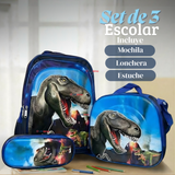 Mochila Escolar Bolso Con Efecto 3D Estuche + Lonchera 40Cm Tela Oxford Niño Dinosaur