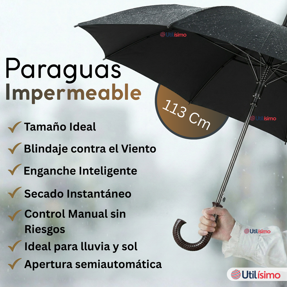 Paraguas Impermeable Grande 113Cm Sombrilla Automática Mango Largo Negro