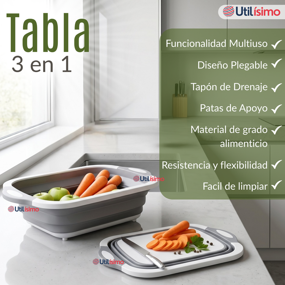 Tabla De Picar Plegable  3 En 1 Drenaje Multiuso Cocina Silicona