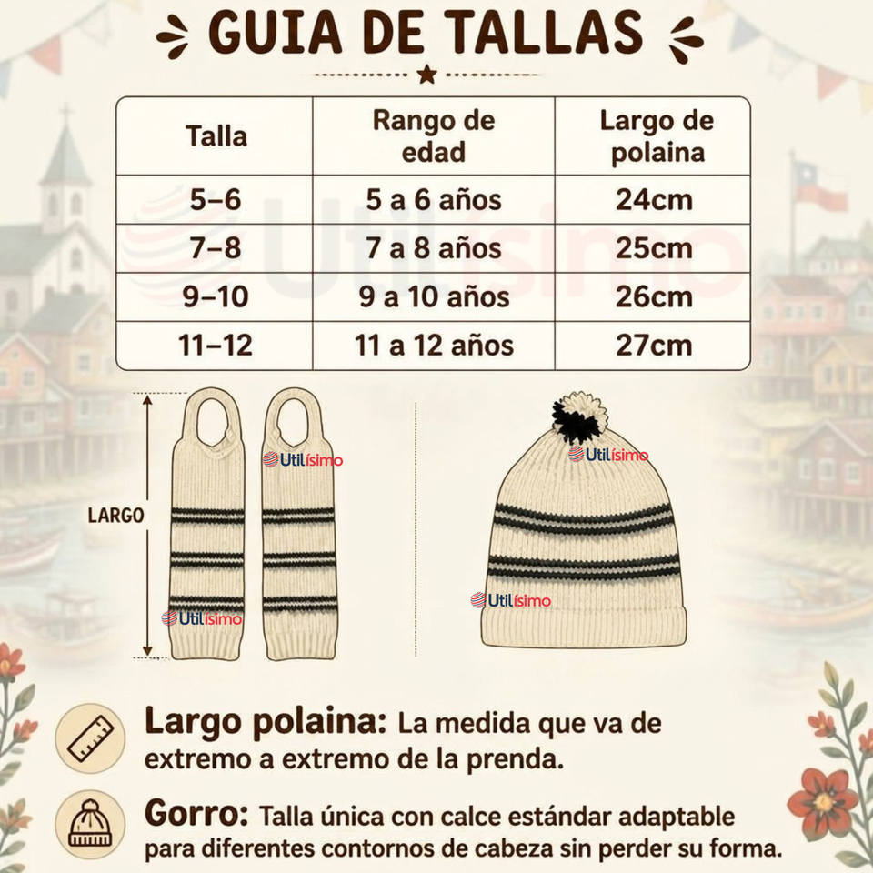 Pack 3 Set Chilote De Gorro Polainas Tipico Niño Fiestas Patrias