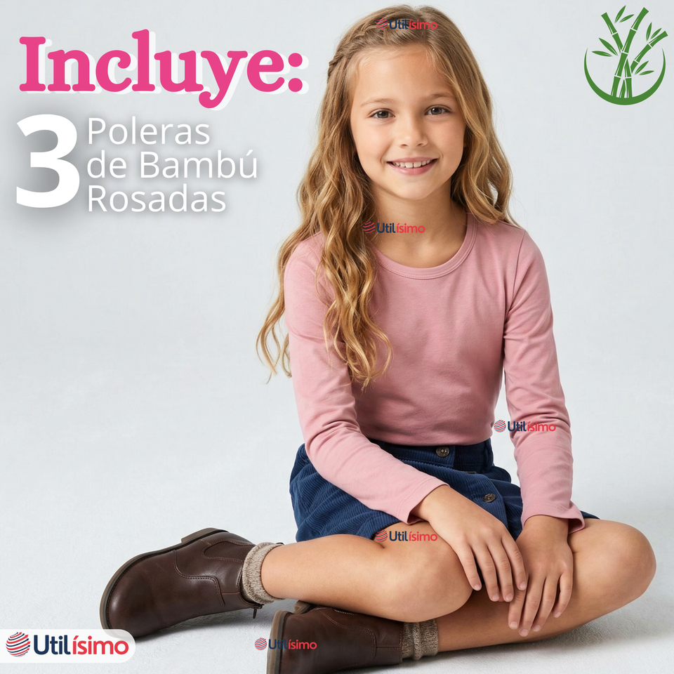 Pack 3 Camisetas Poleras Bambú Cuello Redondo Rosado Claro Primera Capa Manga Larga Niña