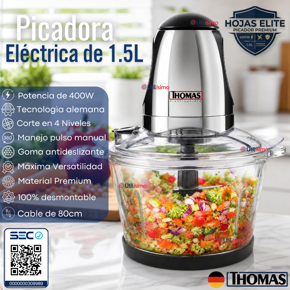 Picadora Eléctrico Thomas 1.5lt Alta Potencia Tecnologia Alemana Plateado