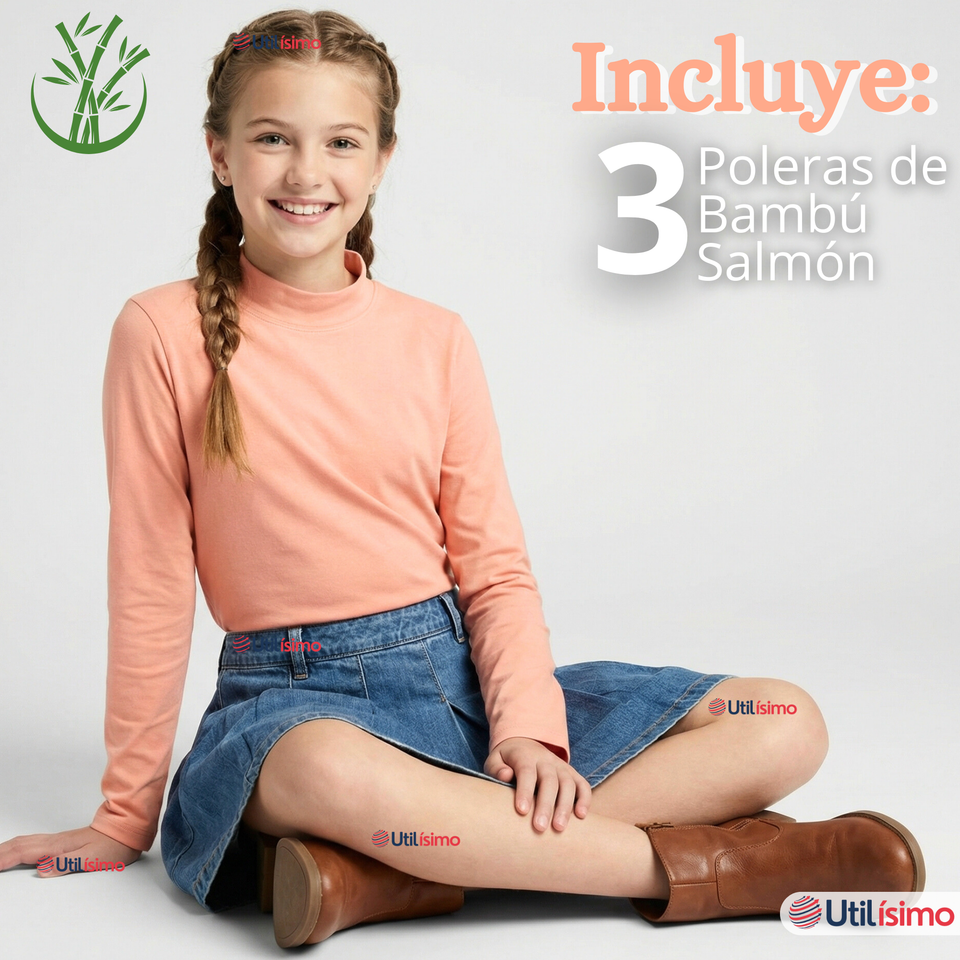 Pack 3 Poleras Camisetas Bambú Salmón Cuello Beatle Primera Capa  Manga Larga Niña