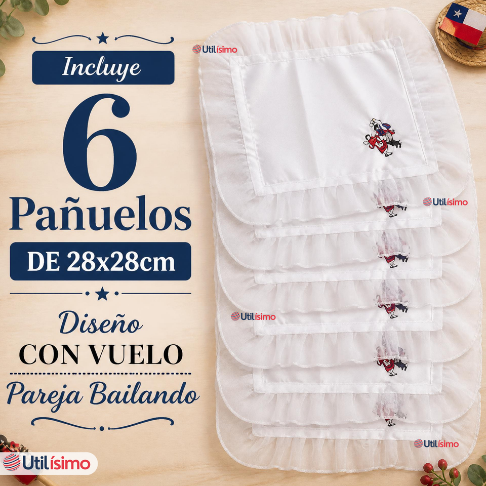 Pack 6 Pañuelos Baile Cueca 28cm Con Vuelo Pareja Bailando Algodón Fiestas Patrias