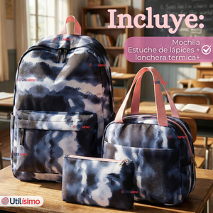Mochila Escolar + Estuche + Lonchera 43cm Tela Oxford Azul Oscuro Niña