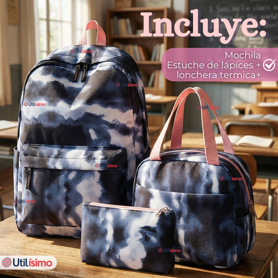 Mochila Escolar + Estuche + Lonchera 43cm Tela Oxford Azul Oscuro Niña