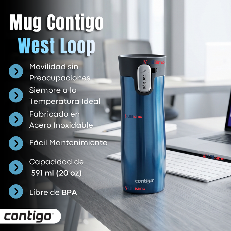 Vaso Térmico West Loop Azul Autoseal Contigo 591 Ml Azul Acero Inoxidable