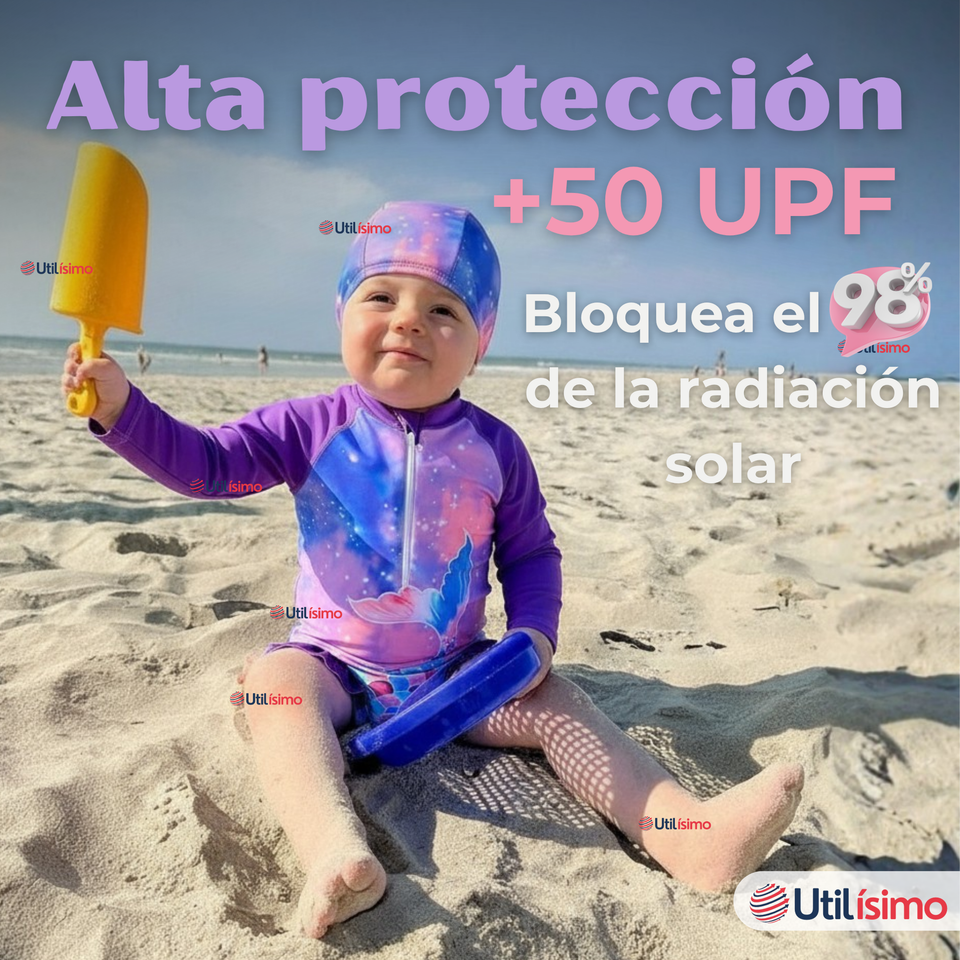 Traje De Baño Enterito Manga Larga con Cremallera y Gorro Bebe Niña Purple Mermaid