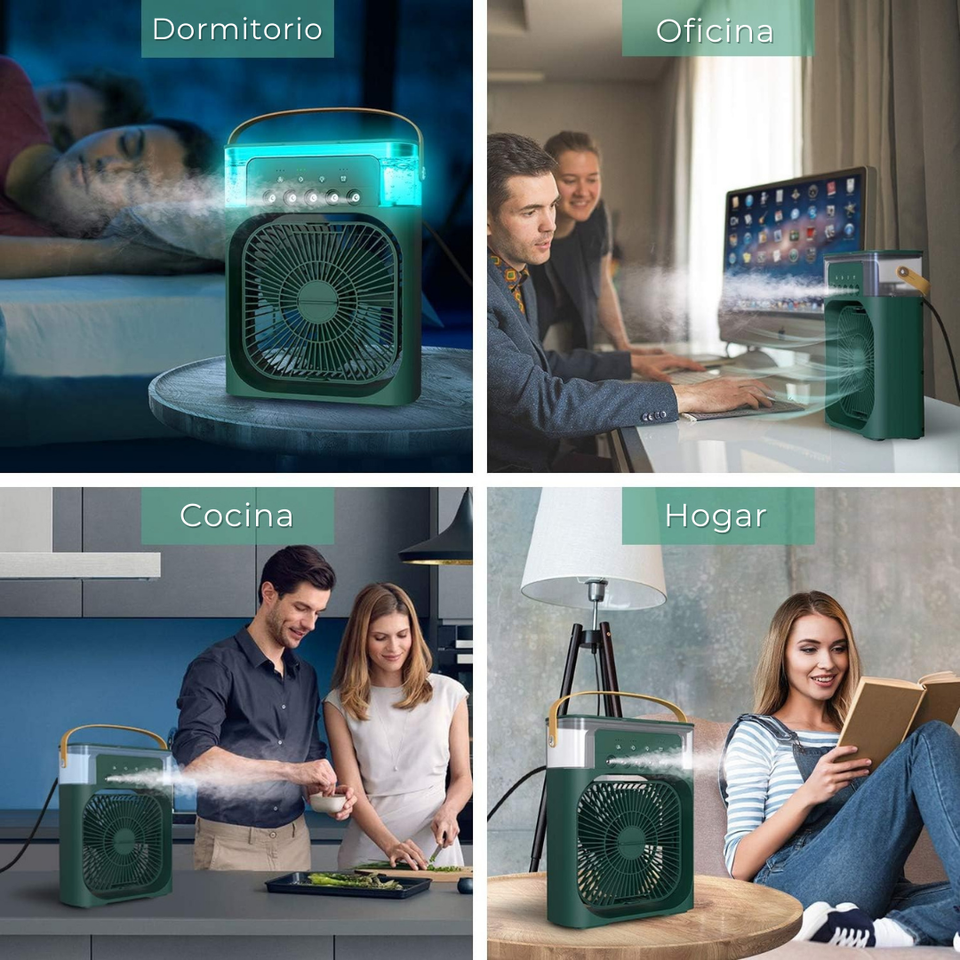 Climatizador Portátil Frío 4 en 1 Ventilador Humificador Enfriador Lampara LED 220v USB Verde