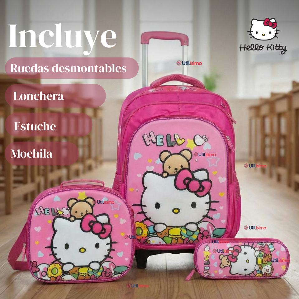 Mochila Escolar Hello Kitty Flowers Con Ruedas Desmontables + Estuche + Lonchera Niña Poliéster