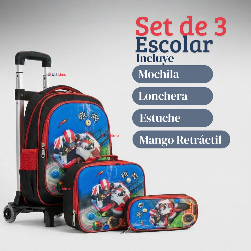 Mochila Escolar Con Ruedas Desmontables Diseño 3D + Estuche + Lonchera Niño Poliéster Motorcycle