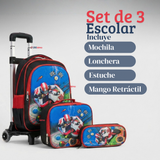 Mochila Escolar Con Ruedas Desmontables Diseño 3D + Estuche + Lonchera Niño Poliéster Motorcycle