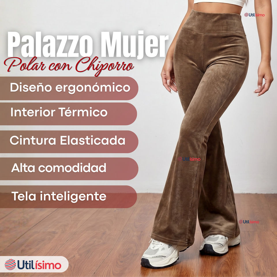 Pantalón Cotelé Palazzo Polar Con Chiporro Elasticado Térmico Café