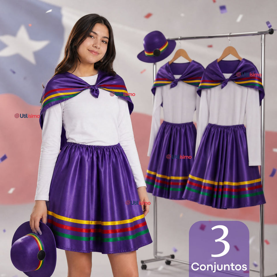 Pack 3 Trajes Nortinos Juveniles Con Poleras 4 Piezas Morado Baile Típico Fiestas Patrias