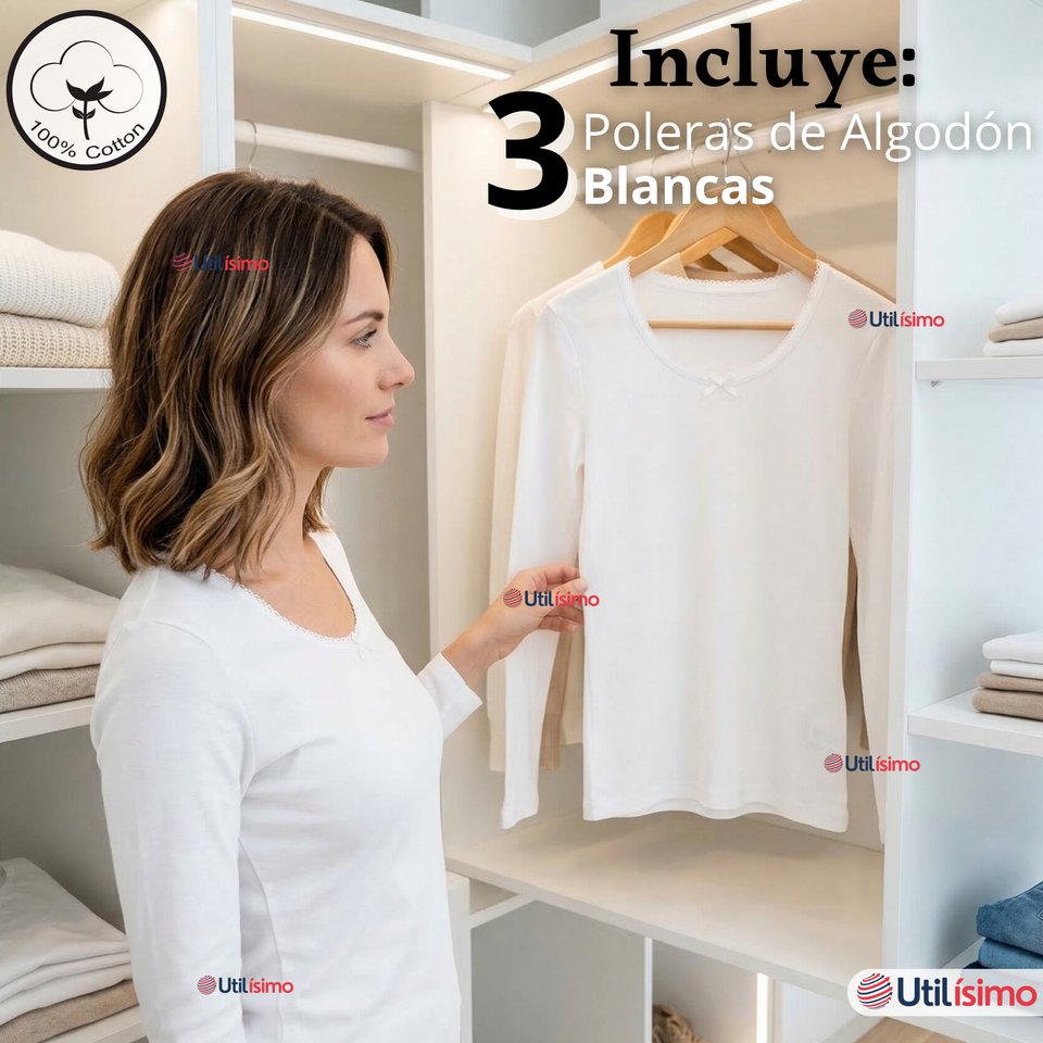 Pack 3 Camisetas Poleras Algodón Primera Capa Manga Larga Blanco Mujer