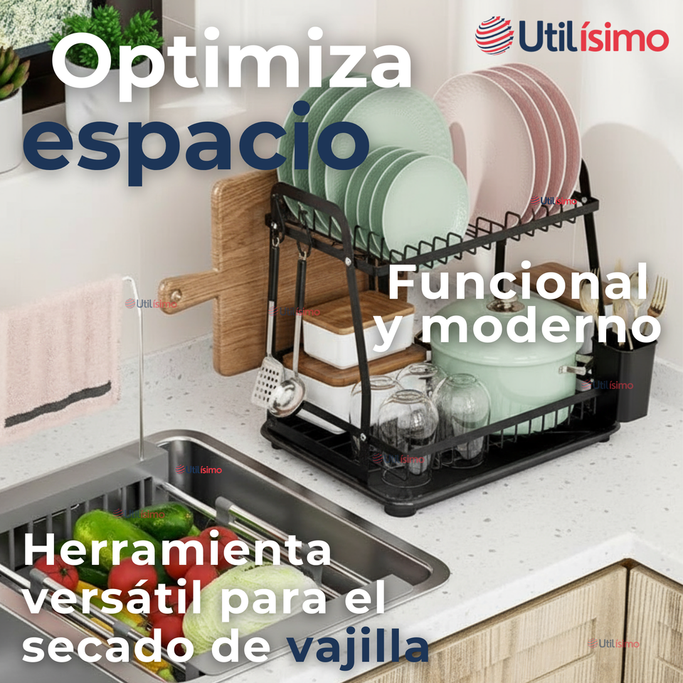 Secador Escurridor Para Platos Loza Vajilla 2 Niveles Drenaje Automático