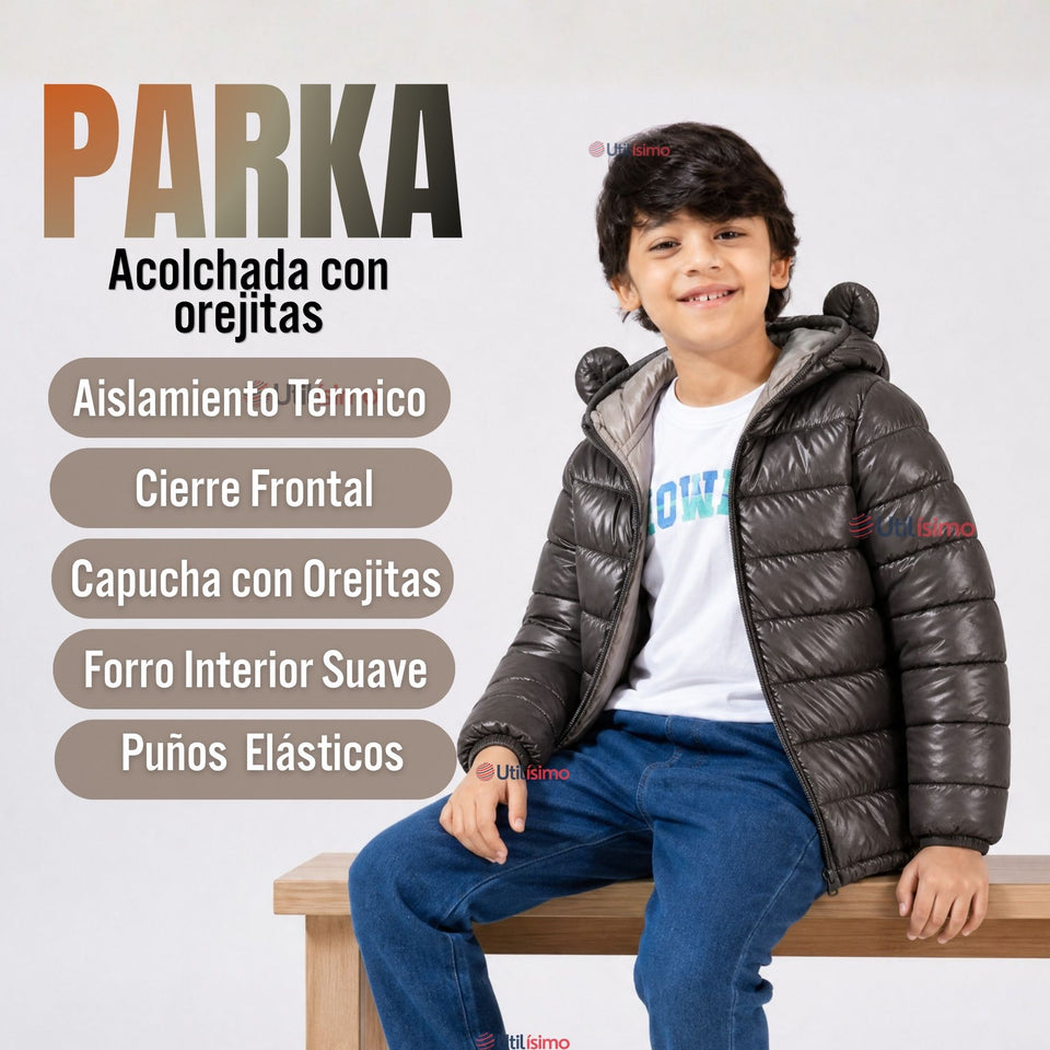 Parka Bebé Niño Negra Térmica Acolchada Con Orejitas Black Winter