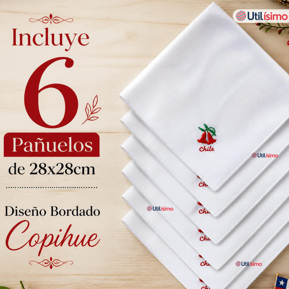 Pack 6 Pañuelos Baile Cueca 28cm Bordado Flor Copihue Algodón Fiestas Patrias