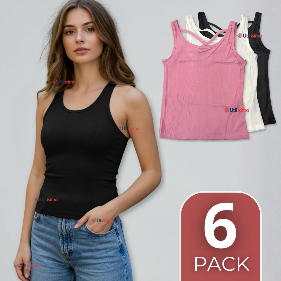Pack 6 Camisetas Poleras 100% Algodón Básicas Lisa Con Espalda Cruzada Mujer Colores Surtidos Peto
