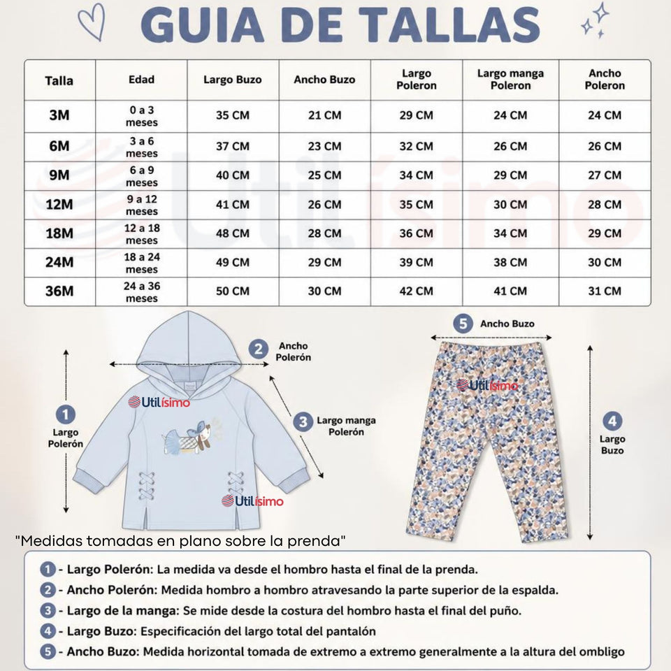 Conjunto 2 Piezas Polerón y Pantalón Buzo 100% Algodón Bebé Niña Tedmimak Blue girl